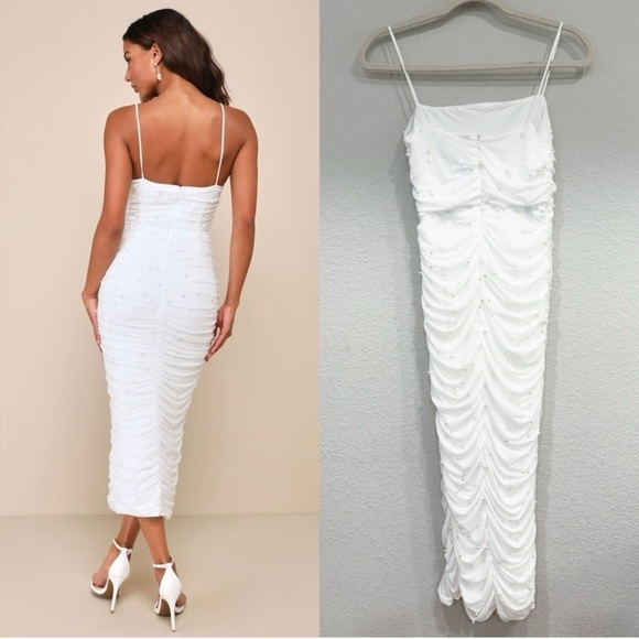 NWOT Lulus Toast to Romance White Ruched Pearl Bodycon Midi‎ Dress - Picture 5 of 9